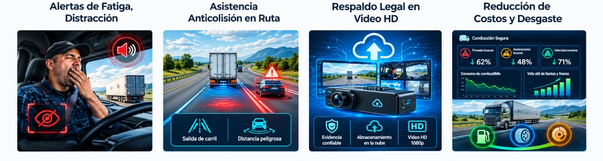Funciones del sistema GPS con cámara: alertas de fatiga y distracción, asistencia anticolisión en ruta, respaldo legal en video HD y reducción de costos operativos en Lima.